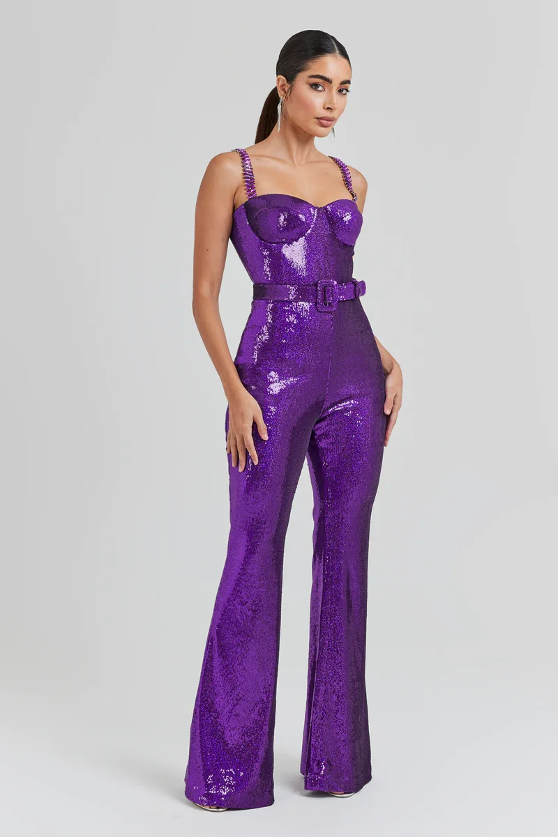 Purple Fashion Women Jumpsuit Autumn Elegant Casual Sleeveless Sequins Spaghetti Strap Bodycon Wide Legs Pants Jumpsuits