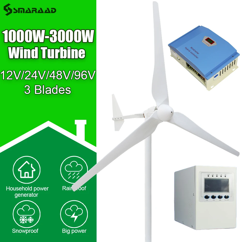 

3000W 12V 24V 48V 96V Horizontal Wind Turbine Power Windmill 3 Blade Generator Electric With MPPT Controller Off Grid System