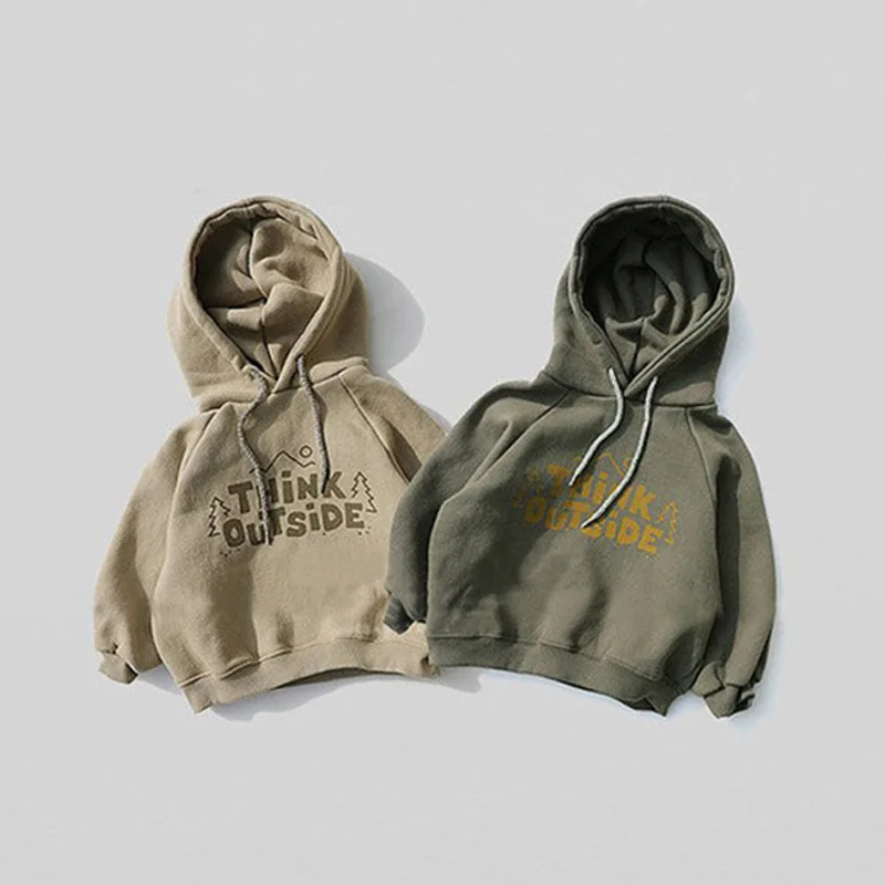 Winter New Baby Fleece Hooded Sweatshirts Plus Velvet Thick Infant Letter Print Casual Pullover Toddler Cotton Warm Hoodies
