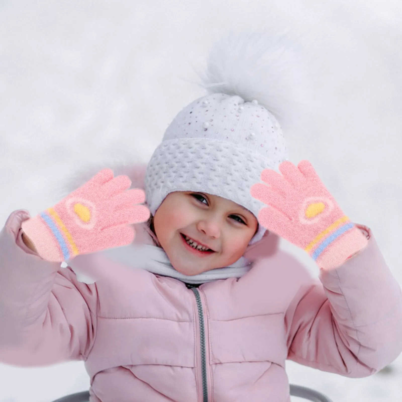 

1Pair Kids Winter Gloves Adorable Cartoon Design Knitted Five-Finger Warm Soft for Girls Cold Weather Activities Kid Gloves