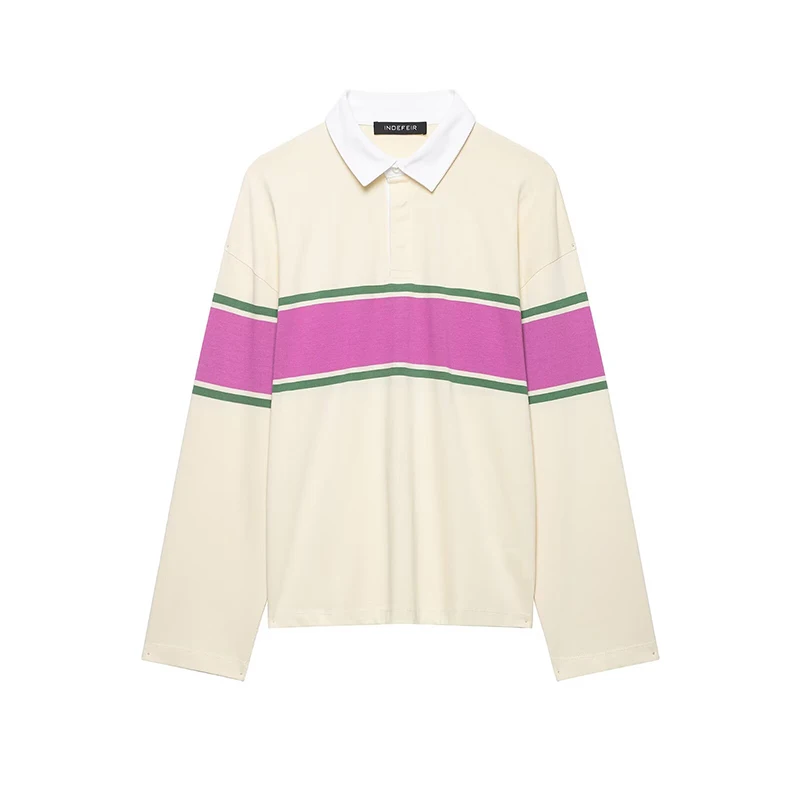 Women Retro Color Block Polo Shirt Long Sleeve Striped Casual Autumn Tops