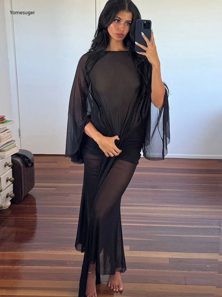 Yomesugar sexy sem costas borboleta vestido preto feminino dupla camada de malha retalhos manga cheia magro longo vestido de noite clubwear