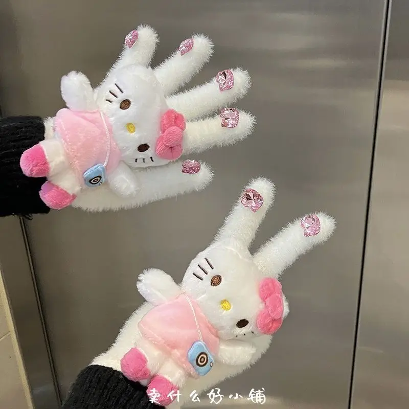 

Fashion Windproof Student Women's Winter Gloves Luxury Solid Color Woven Five-Finger Gloves Soft and Warm Outdoor Cartoon Gloves