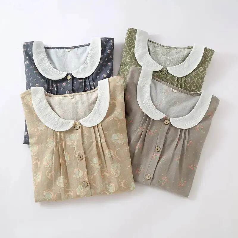 المرأة الصيف طبقة مزدوجة القطن جولة الرقبة سترة قصيرة الأكمام السراويل المطبوعة ملابس المنزل بيجامة البدلة