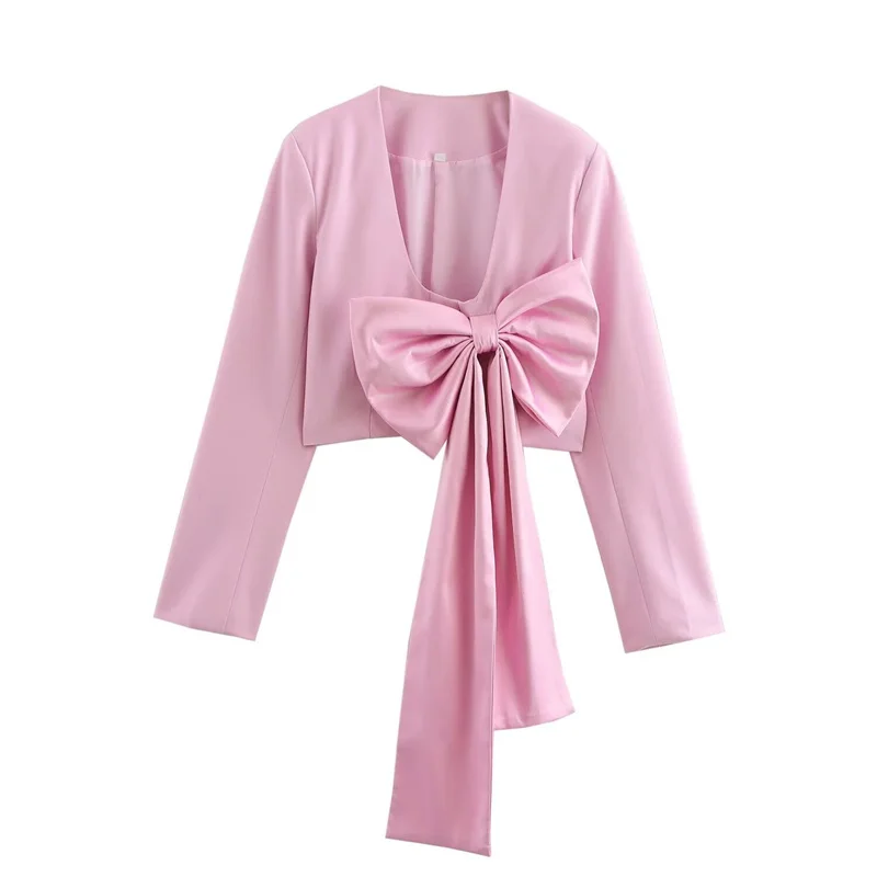 

Autumn New European and American Style V-neck Long Sleeve Bow Decoration Short Style Small Suit Jacket for Women