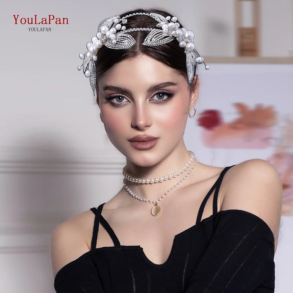 

YouLaPan Shiny Wedding Rhinestone Headwear Bride Big Pearl Hair Hoop Hair Accessories Women Banquet Party Headdress HP648