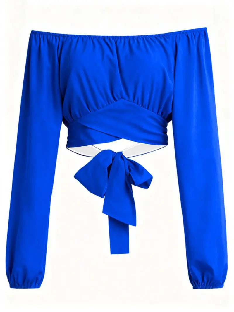 Off shoulder one collar lantern sleeve short top, elastic and pleated to create a slimming atmosphere, women's pullover