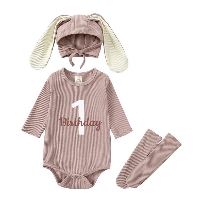 

2024 Newborn Baby First Birthday Celebrate Costume Rabbit 3pcs Ear Hat+Romper+Sock Suit Toddler Boy Girl Korean Lounge Pajamas