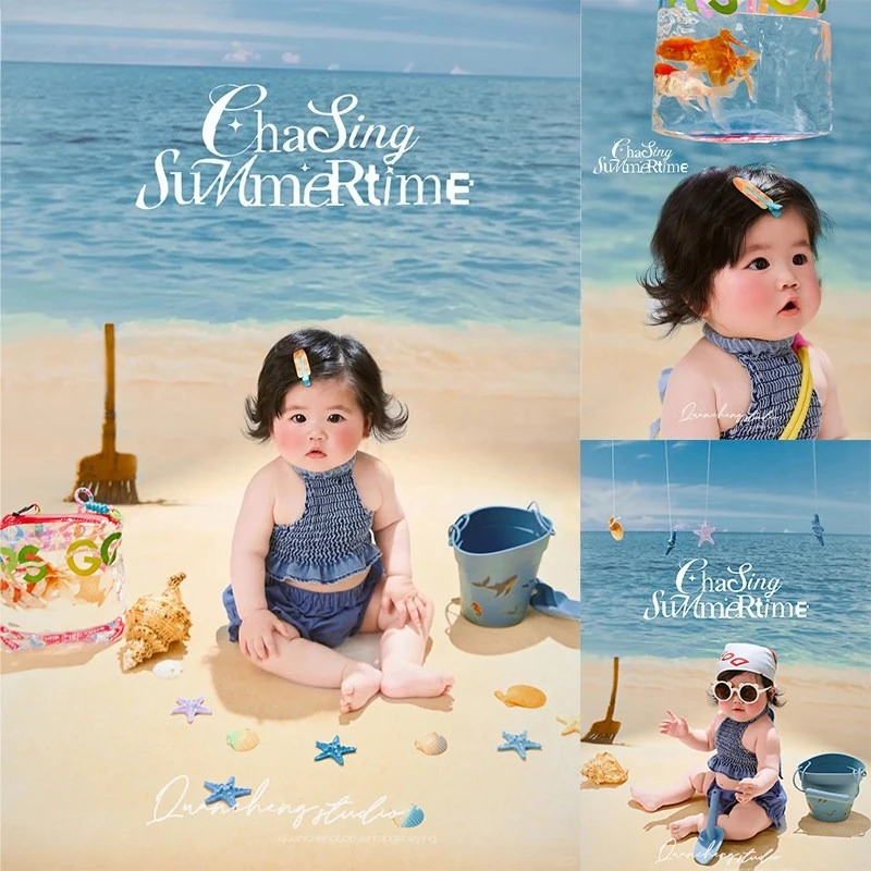 新生児写真撮影用小道具-ベビーサマービーチテーマセット-背景幕付き衣装セット-シェルデコレーション付き-スタジオ写真撮影用-ポップ用