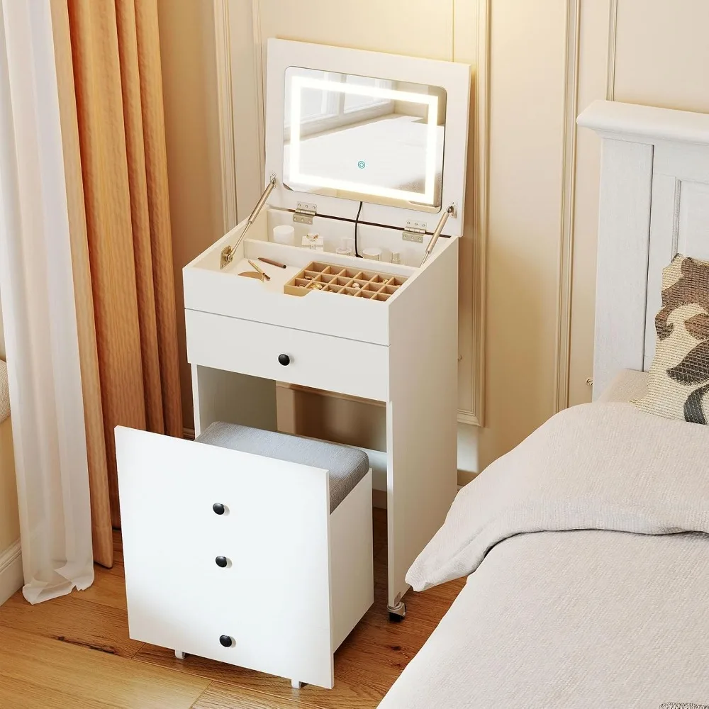 3-in-1 Vanity Desk with Flip-Top LED Mirror Rolling Stool Hidden Storage Drawer 20 inch White