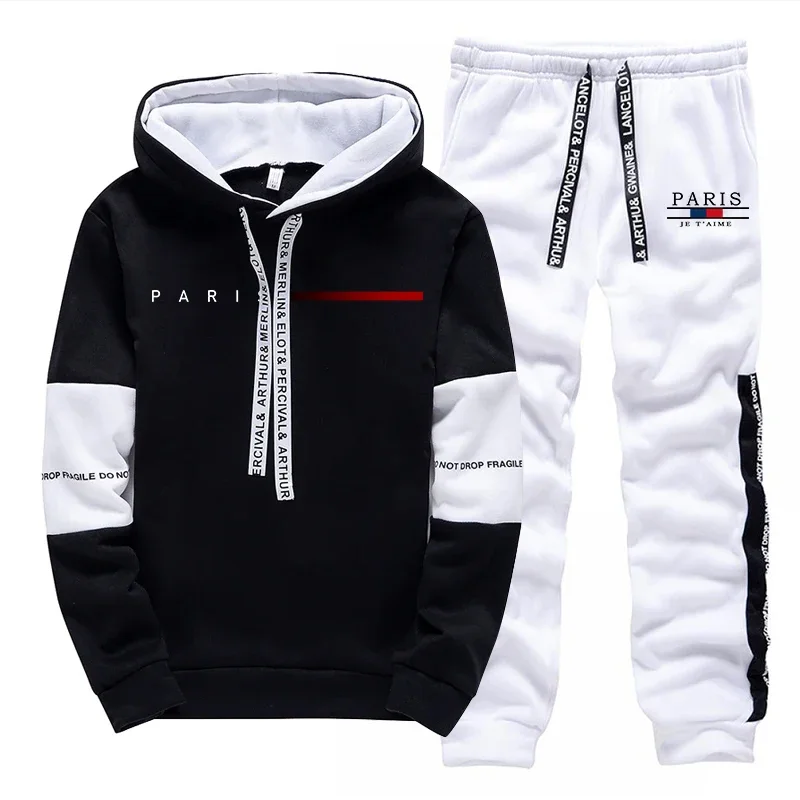 

2025 Trendy Paris Print Hooded Tracksuit Men Winter Autumn Casual Jogging Outfit Athletic Sportswear Sweatpants Men's Clothes