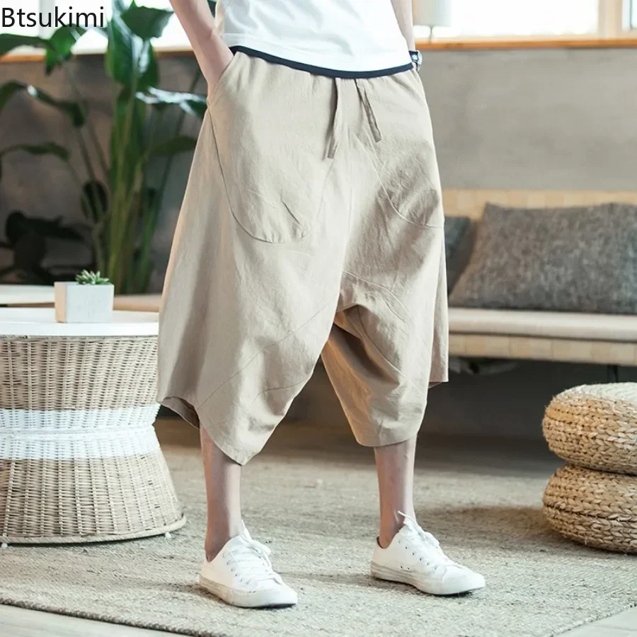 2025 Summer Men Harajuku Harem Pants Men's Vintage Chinese Style Cotton Linen Joggers Pants Man Solid Loose Calf-lenght Trousers
