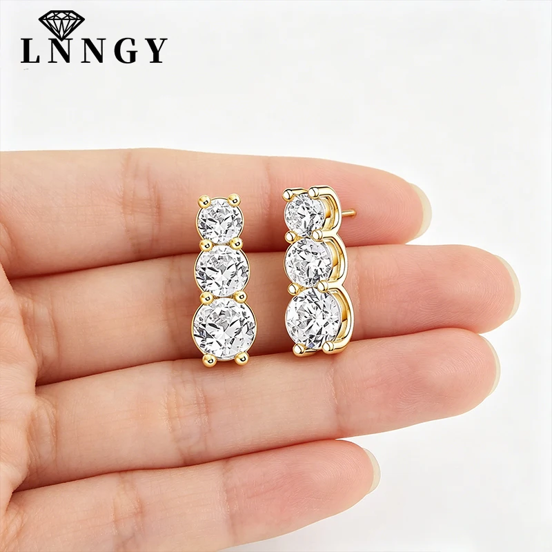 Lnngy Certified Three Stone Moissanite Stud Earring 14K Gold Filled Graduated Earrings for Women Daily Fashion Jewelry Gift