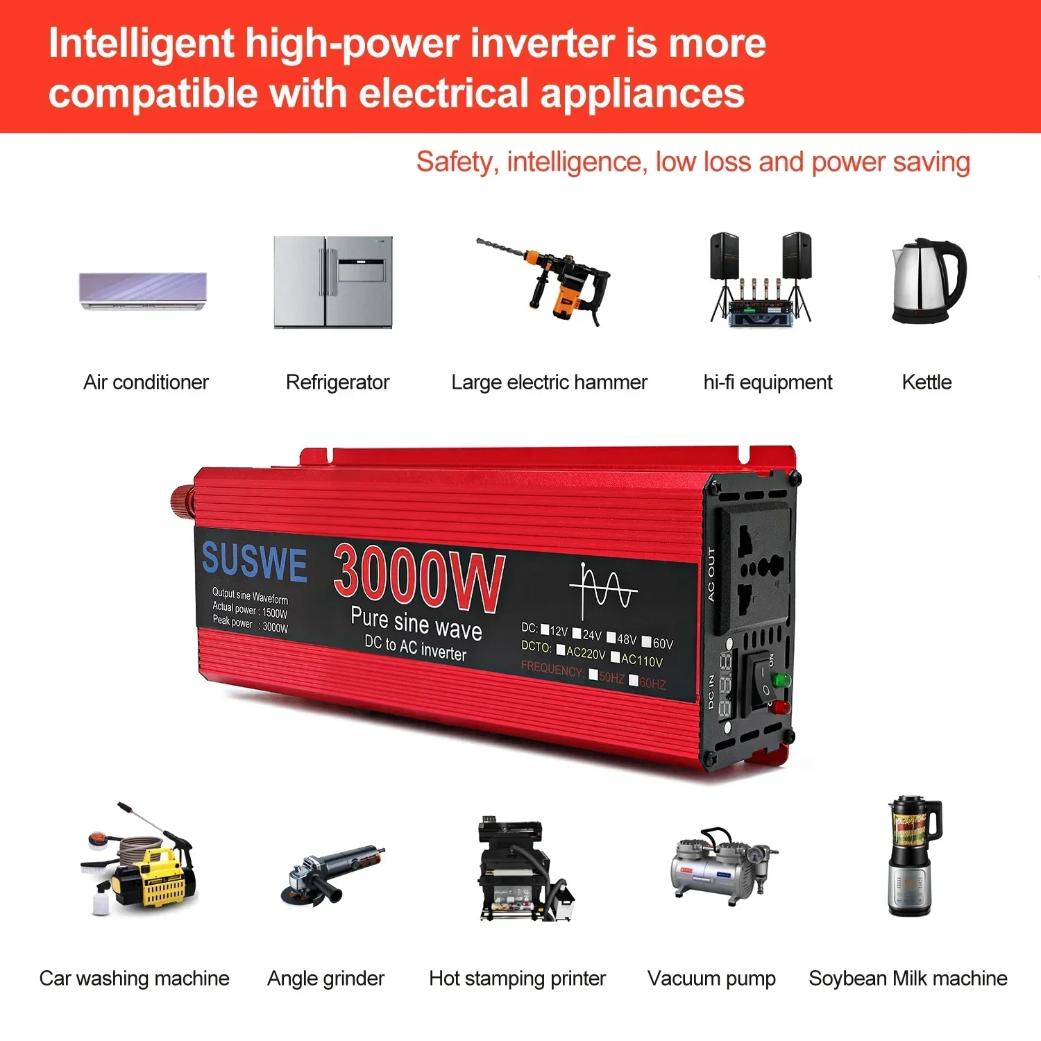 Pure Sine Wave Inverter DC to AC 12V/24V to 220V/110V 60HZ/50HZ 1000W 2000W 2200W 3000W Car Power Inverter with LED Display