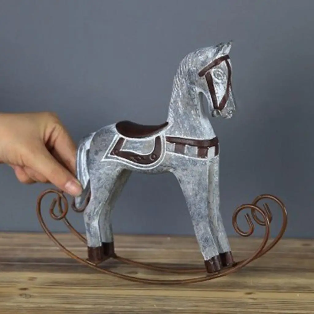 Nordic Wooden Rocking Horse Statue Wedding Decor Wood Horse Crafts Living Room Ornament Kids Toys