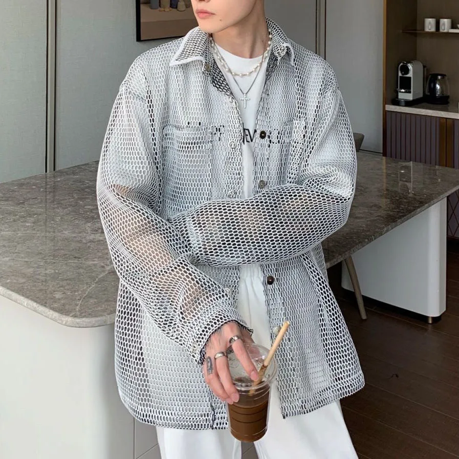 Spring Summer Men's Mesh Shirt American Casual Fashion Loose High Street Male Contrasting Color Hollow Out Sunscreen Jackets