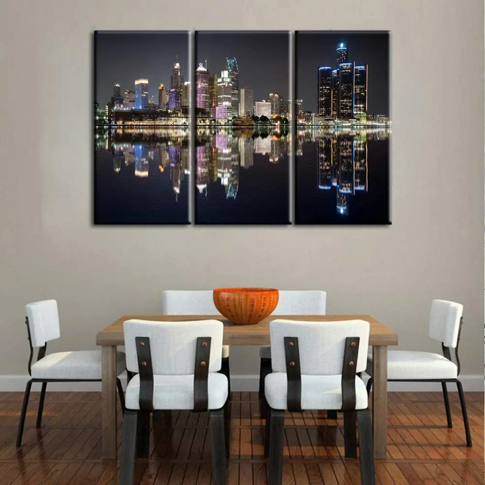 Panoramic Detroit Cityscape Black and White Michigan Night Skyline 3 Pcs Paintings Canvas Pictures Wall Home Decor Posters