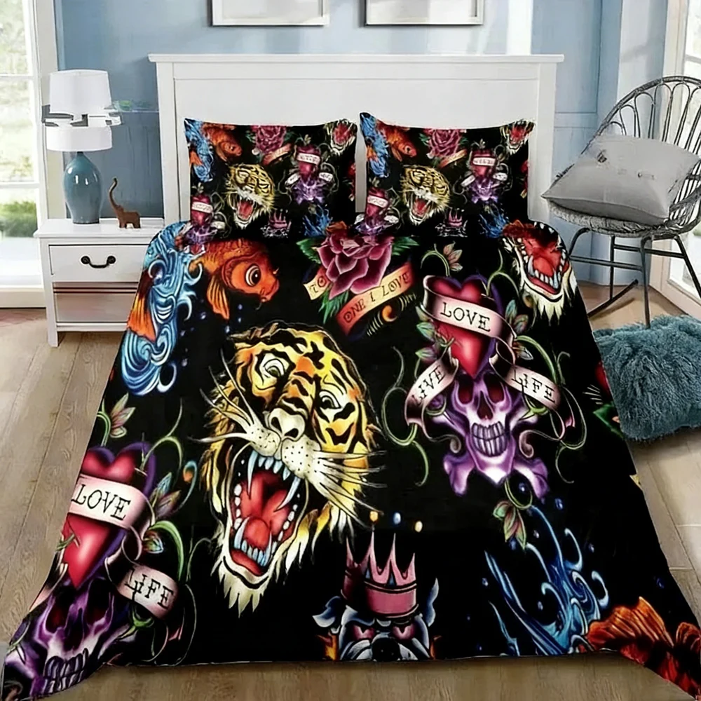 Ed-hardy Tattoo Tiger Skull Bedding Set Single Twin Full Queen King Size Bed Set Adult Kid Bedroom 3D Print Bedding Gift view 2