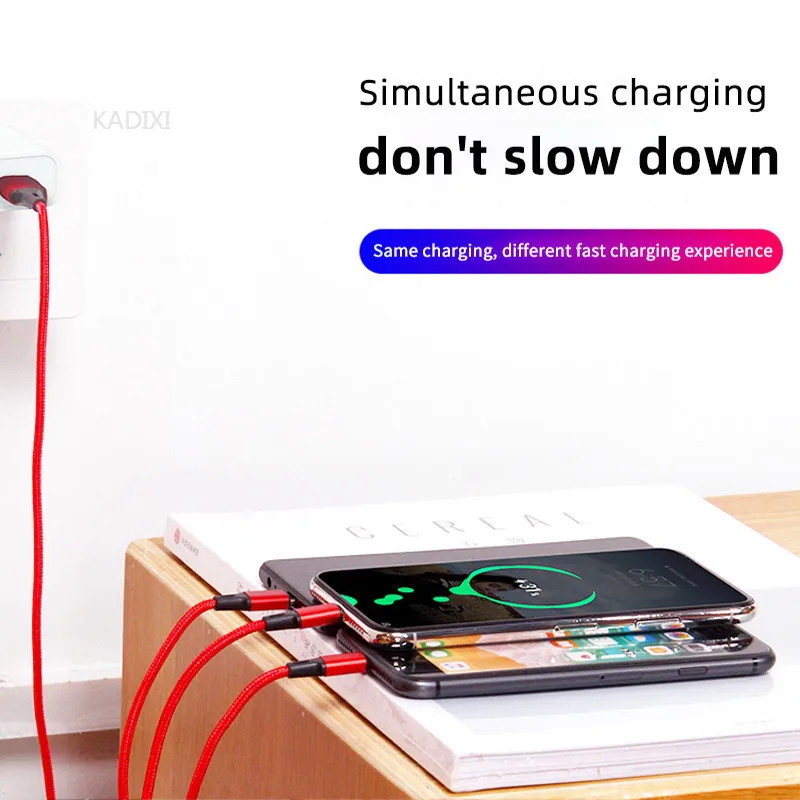 KADIXI Cable de carga rápida USB 3 en 1 tipo C, Micro, iOS, cargador múltiple para iPhone, Huawei, Samsung, trenzado en nylon 2