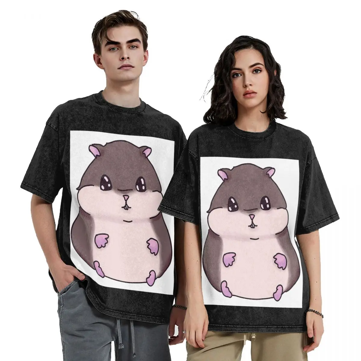 Cute Hamster Hip Hop Short Sleeve T-Shirts Washed Tops Tees Streetwear T Shirt Vintage for Men Women
