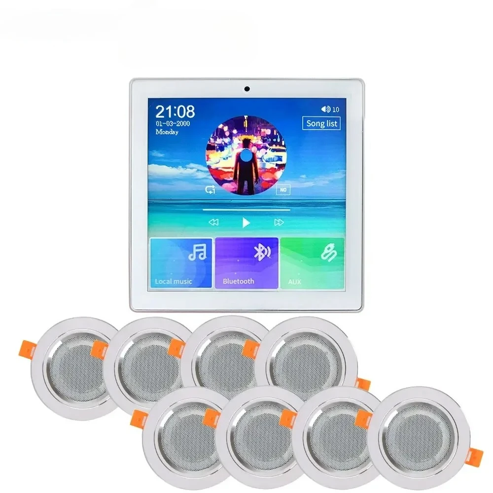 2025Intelligent System 4 Inch Touch Screen Blue-tooth Home Theatre Sound System Wall Amplifier with 8 Stereo Ceiling Speaker Kit