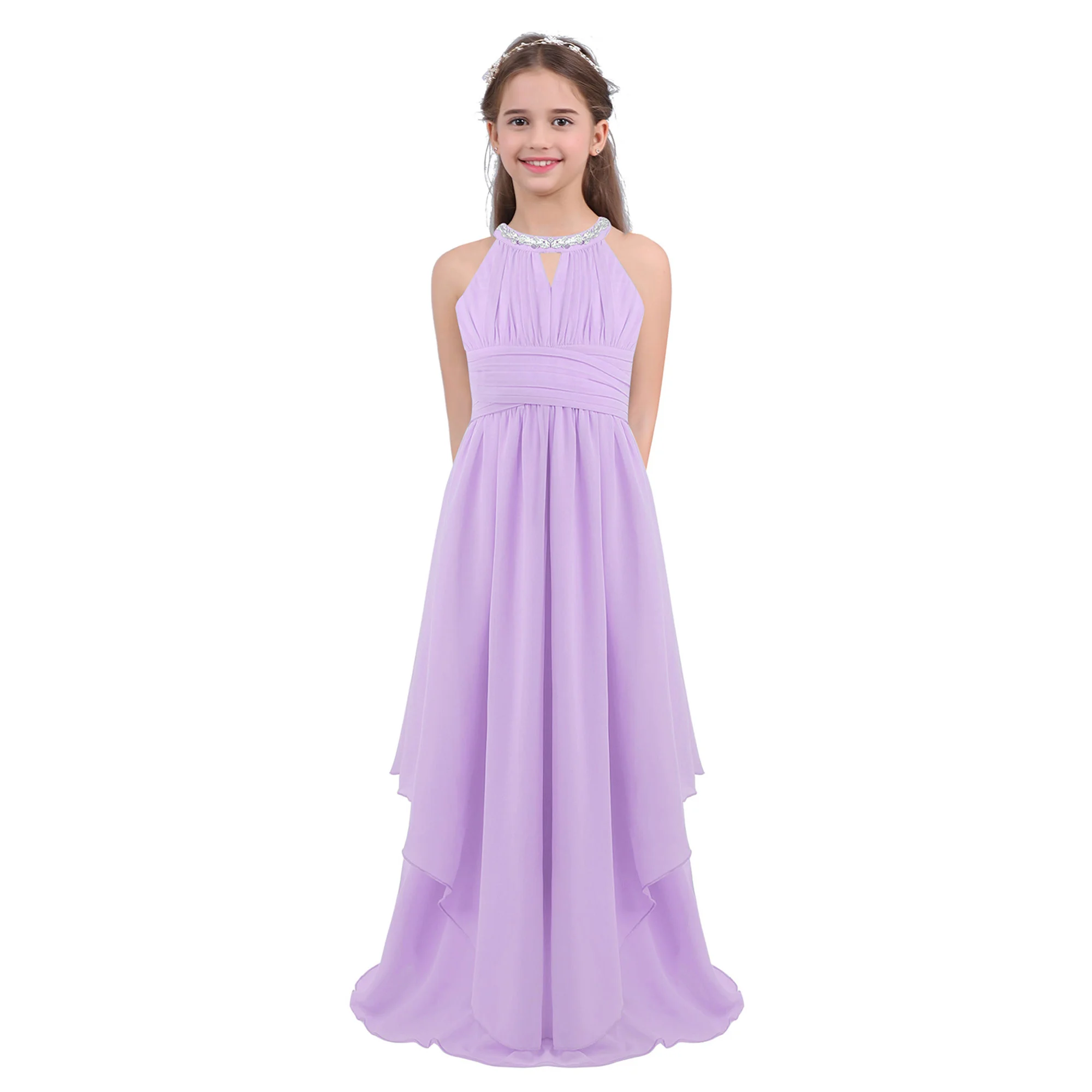 

Kid Child Chiffon Tulle Dress Flower Girl Asymmetrical Halter Floor-Length Dress Wedding Bridesmaid Formal Party Maxi Dress