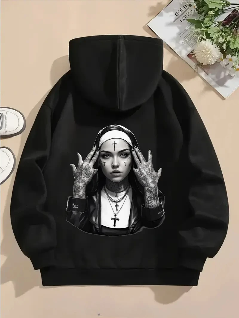

Nun Cross Tattoo Graphic Print Autumn and Winter Cotton Hoodie Outdoor Street Sports Training Brand Trendy Clothing