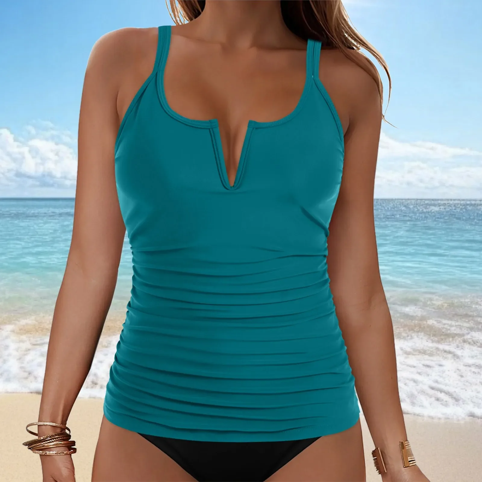 Frauen Tankini Badeanzug Top V-ausschnitt Träger Falten Slim Fit Solide Bademode Neue Europäische Amerikanische Modelle Sommer Urlaub Bikini