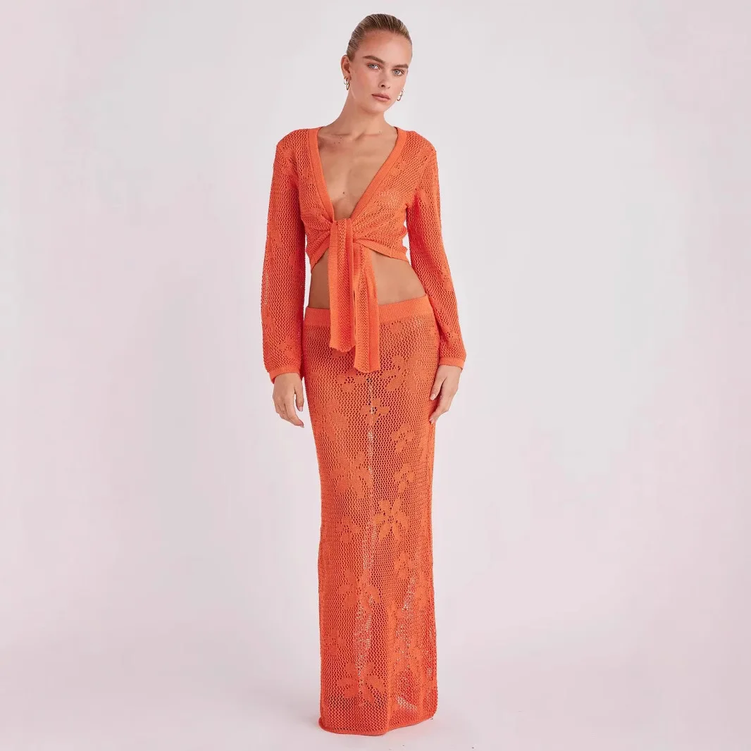 Hollow Long Sleeve Knitted Two-piece Set Short Top Beach Erotogenic Skirt Fashion Set Lace Party Bandage Elegant