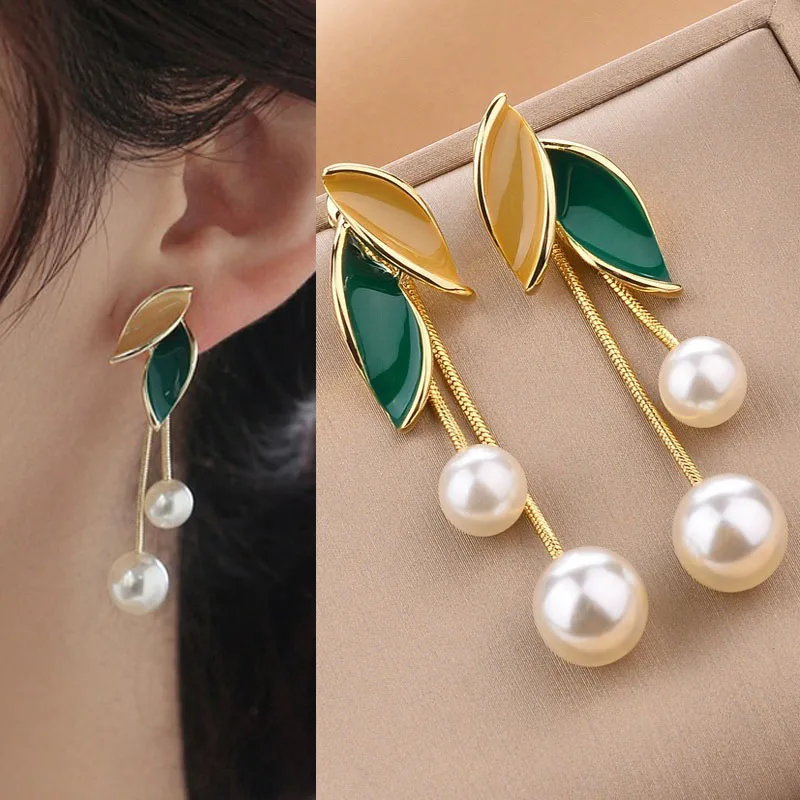 925 Silver Needle Green Leaf Long Pearl Tassel Earrings For Women Jewelry Korean Fairy Drop Earrings Party 2025 Trending New Z40