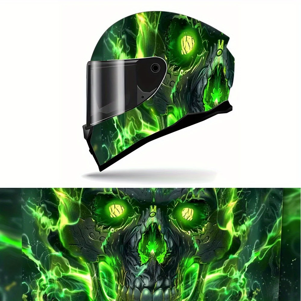 

Green Radiant Skull Full Helmet Sticker - Durable Waterproof PVC Motorcycle Racing Graphic Sticker, Perfect Gift for Cycling Lov
