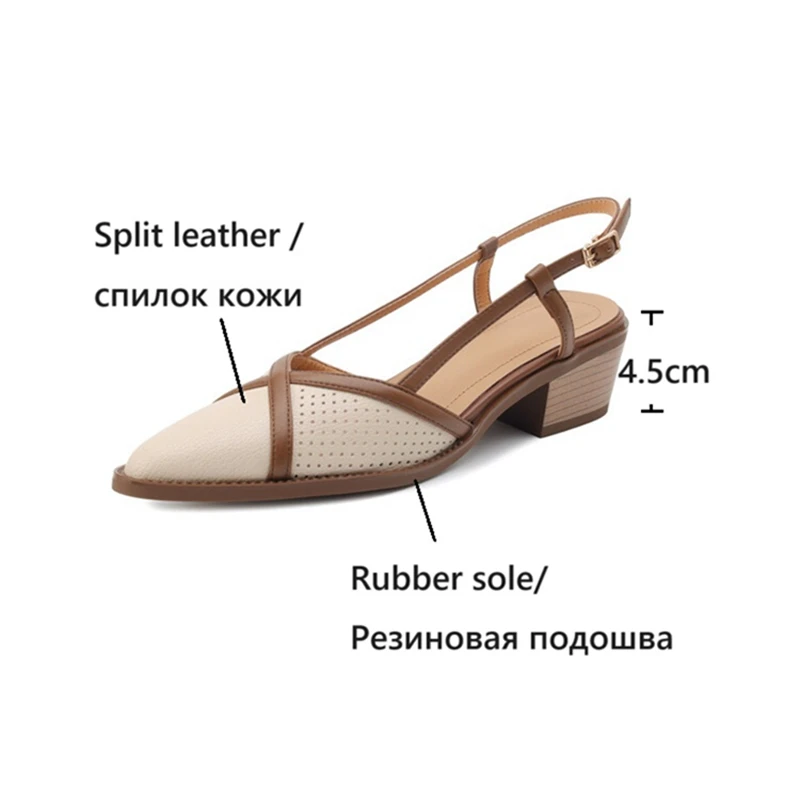 NEW Summer Women Sandals Split Leather Shoes for Women Pointed Toe Chunky Heel Shoes Cover Toe Slingback Hollow Designer Sandals