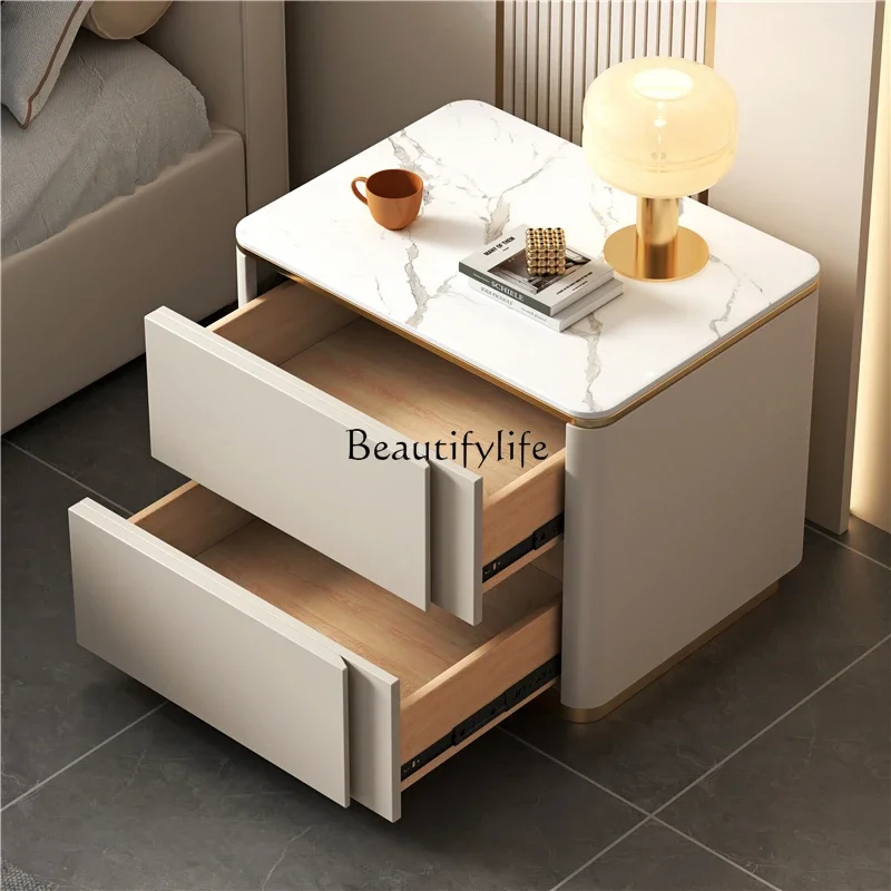 yj21 Bedside table leather simple modern light luxury rock slab countertop all solid wood frame bedroom creative storage bedside