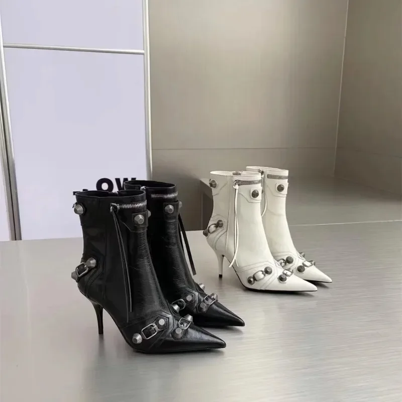 

Hot Sales High Thin Heeled Ankle Boots for Women Metal Decor Rivet Fringed Zip Ppinted Toed Motorcycle Lady Booties Women Shoes