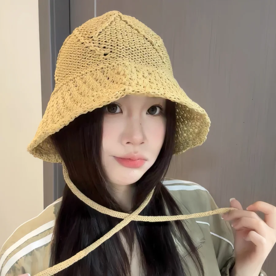 Sommerlicher, ausgehöhlter Strickhut mit Schnürung, altersreduzierender Fischerhut im koreanischen Stil, Sonnenschutzhut für Outdoor-Reisen und Street-Fotografie
