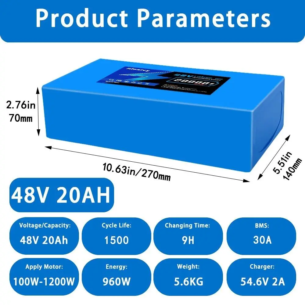 Aleaivy 48V 20Ah Electric Bike Lithium Battery Pack 20000mAh Li ion Ebike Battery for Bicycle Scooter Motorcycle with Charger