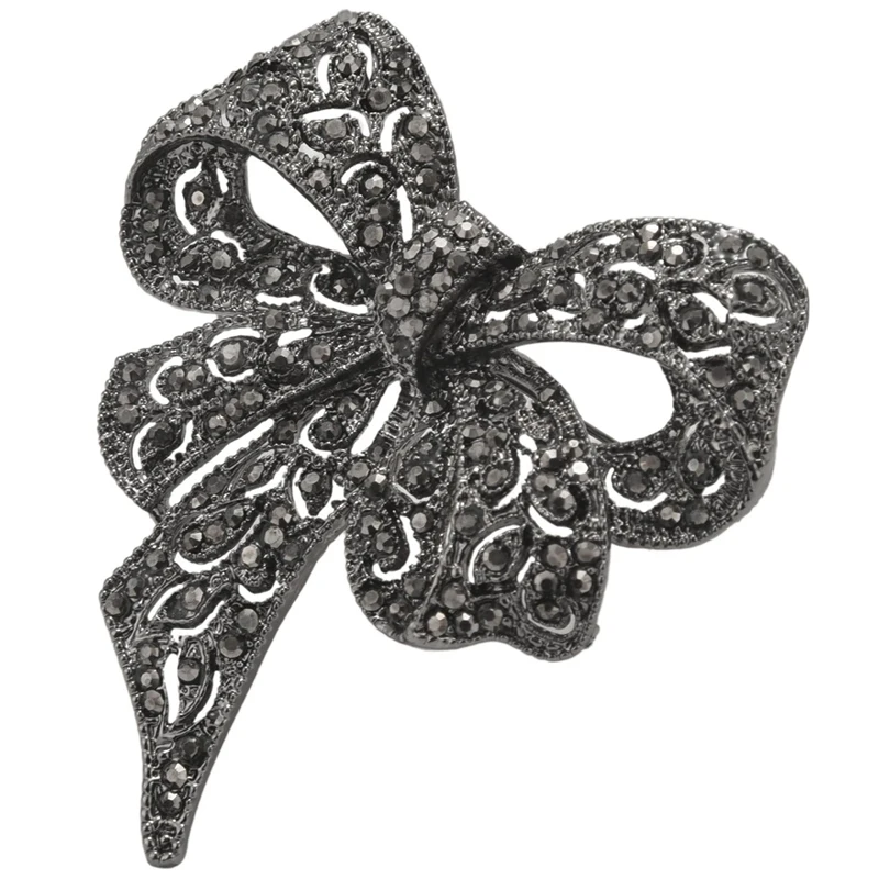 Vintage Rhinestone Bow Brooches For Women Black Bowknot Brooch Pin Fashion Jewelry Coat Accessories Elegant Style