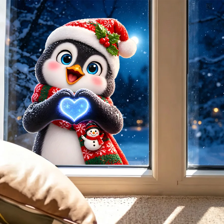 Cute Christmas Penguin Making Heart Gesture Static Clings Window Sticker, Window Decor for Home Living Room Bedroom Decoration
