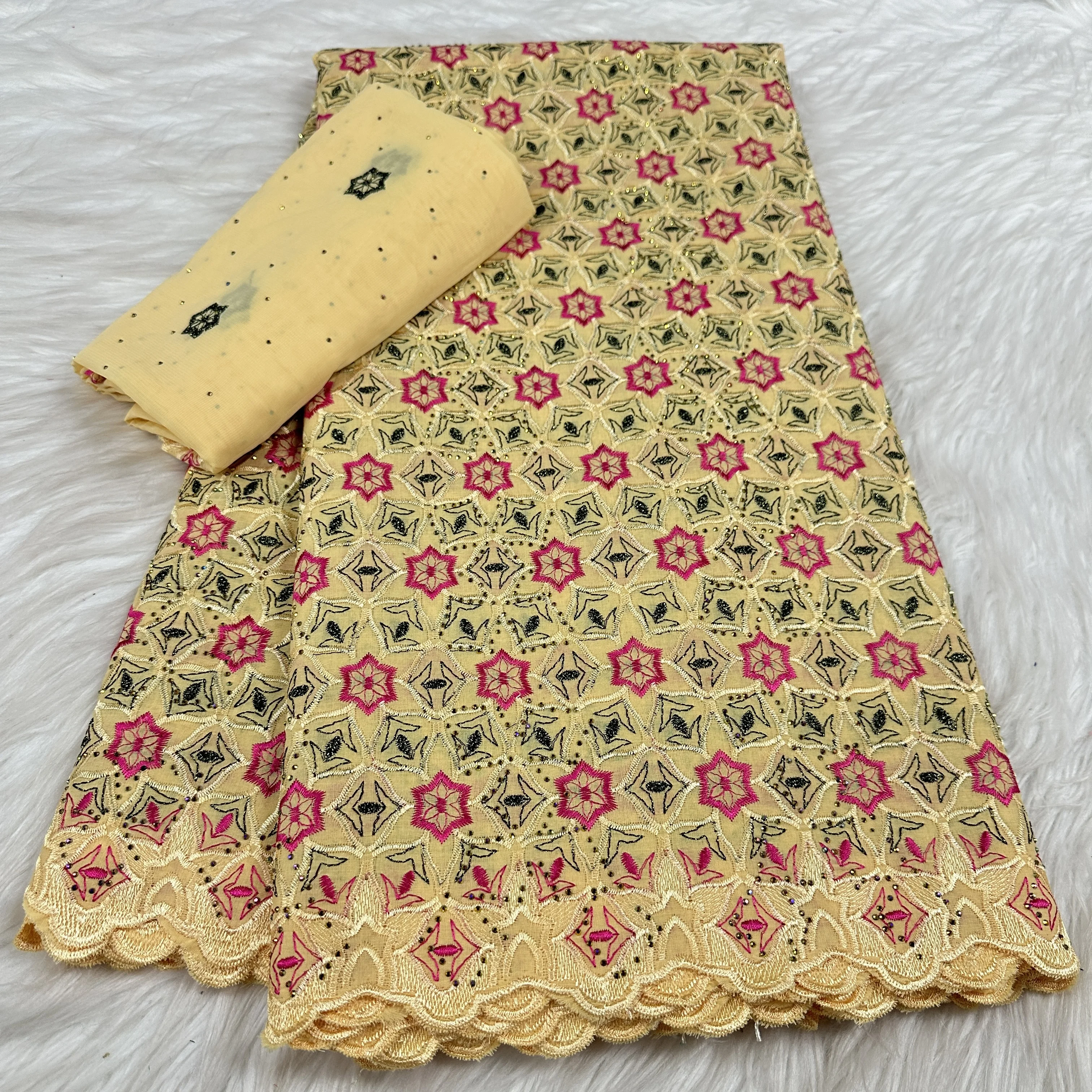 Swiss Voile African Cotton Lace Fabric Stones 2025 High Quality 7 Yards Nigerian Cotton Lace for Sewing Women Party Dress-YC