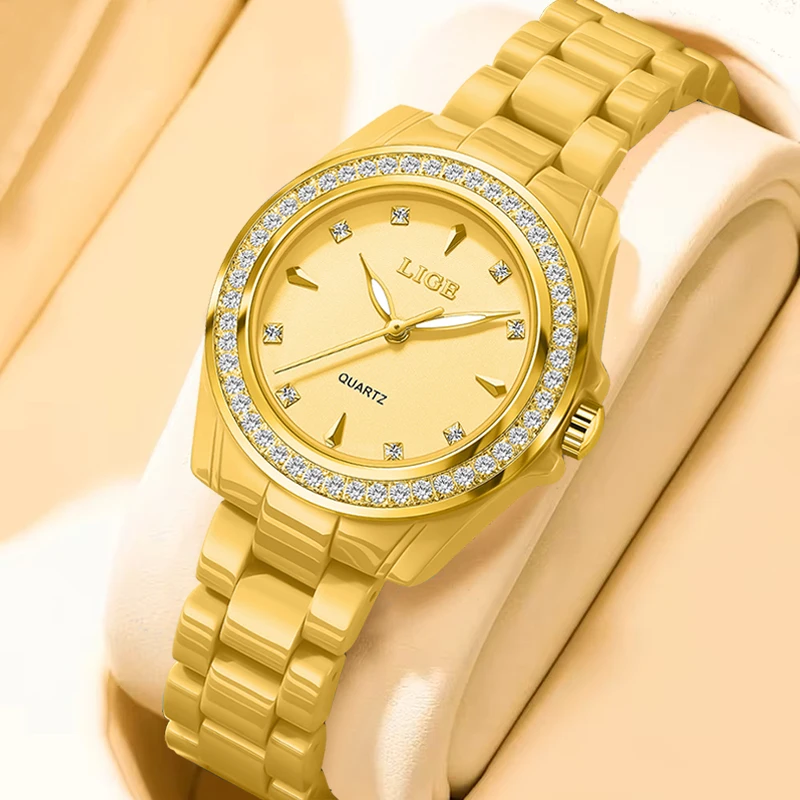 

LIGE 2026, новые круглые золотые керамические часы для женщин, простые модные светящиеся женские водонепроницаемые часы, повседневные кварцевые наручные часы