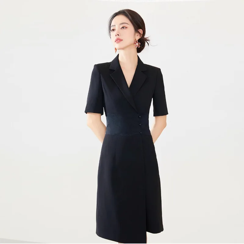 Women's Dress High White Splicing Suit Dress New Chinese Style Disc Buckle Short-Sleeved Overalls Dress OL Office Lady Female