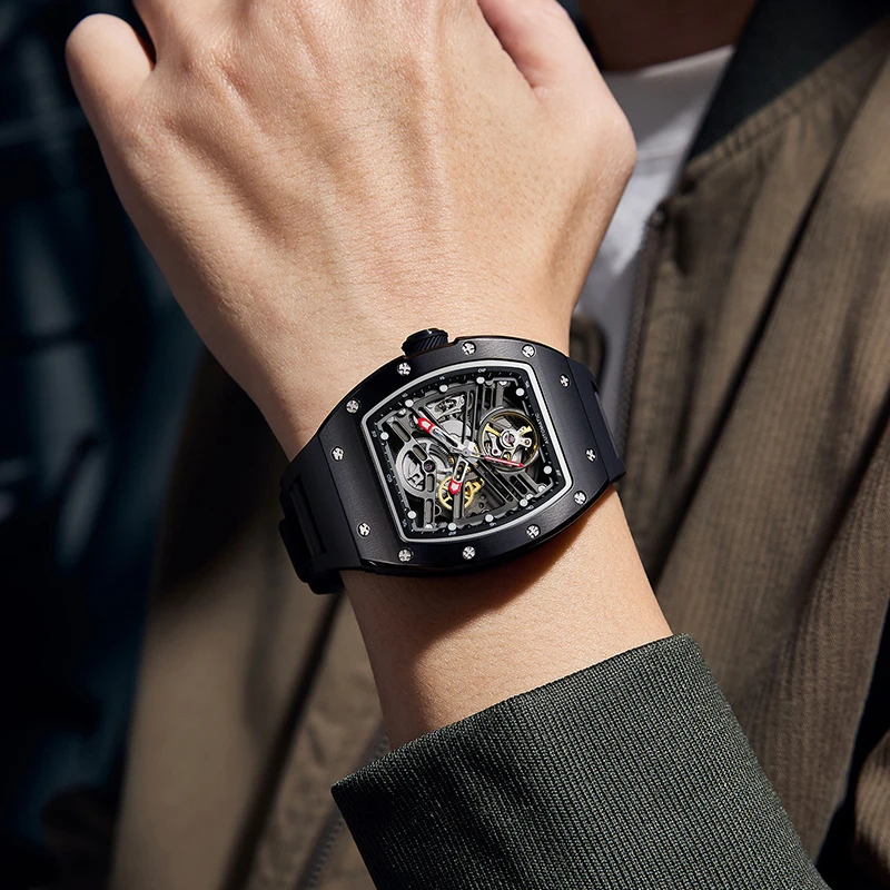 CHANCE JC-9-190G-13 Orologio automatico rettangolare da uomo di lusso Orologio da polso meccanico scheletrato di moda Orologio da uomo con zaffiro