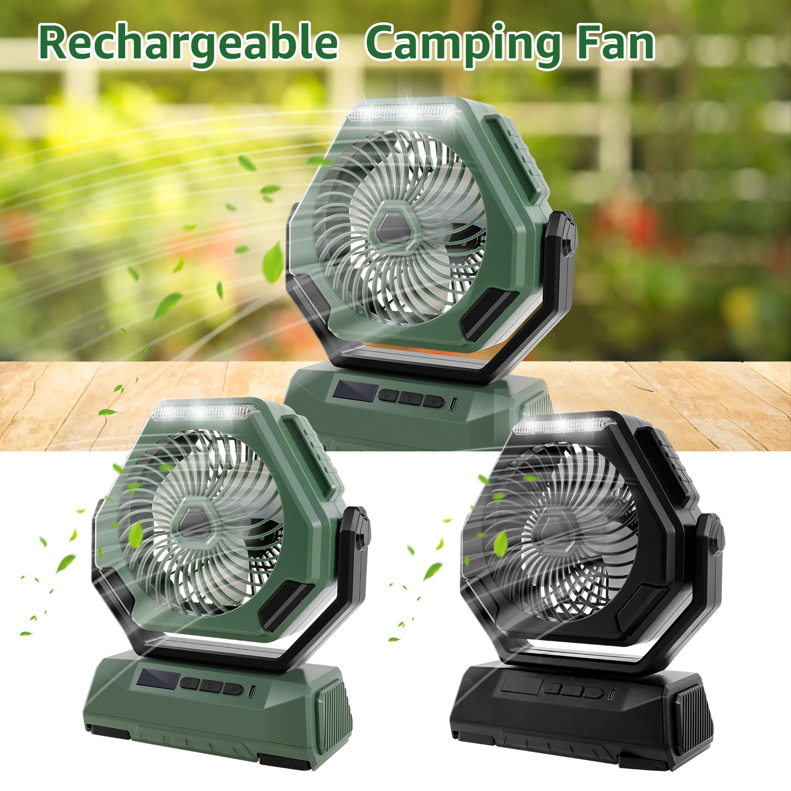 

Camping Fan with LED Light 6000mah Rechargeable Camping Personal Fan 270° Head Rotation 3 Speeds Outdoor Tent Fan 3 Brightness