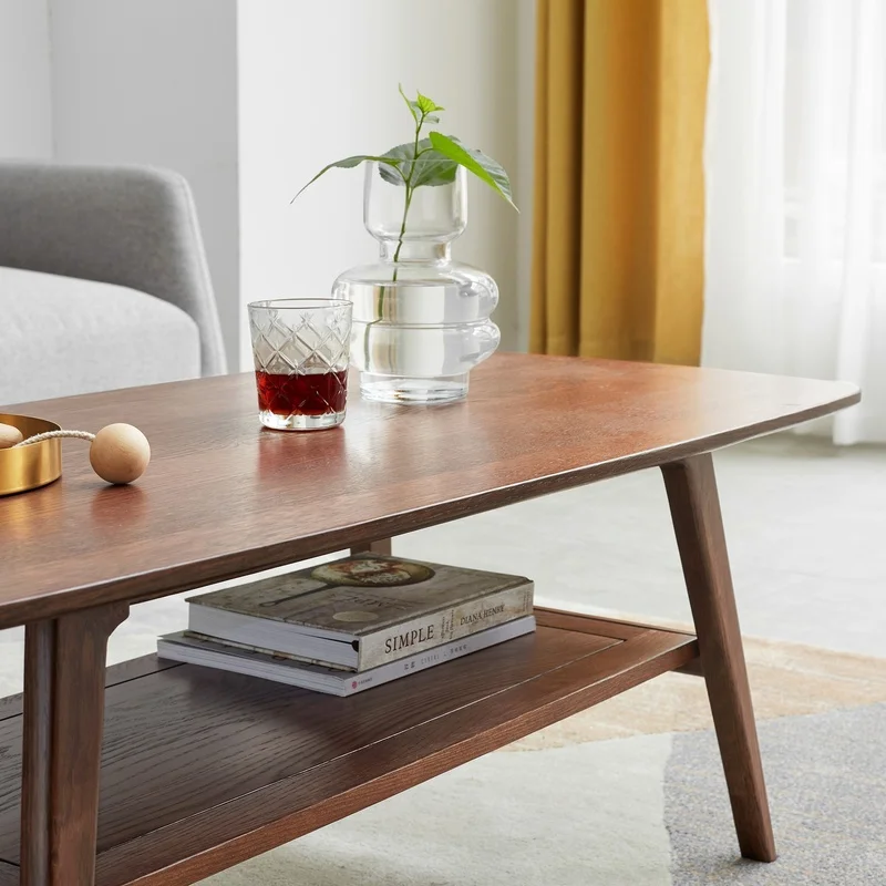 Solid Oak Coffee Table with Storage Shelf, 80x50x44 cm, Walnut Finish, Easy Assembly, Modern Study Desk for Home Office