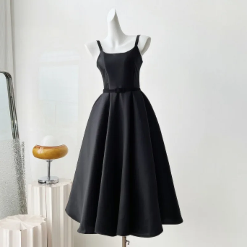 

Luxury Elegant Black Satin Dress Bodycon Evening Party Sleeveless Summer Holiday Dresses Slash Neck Strapped Vestidos