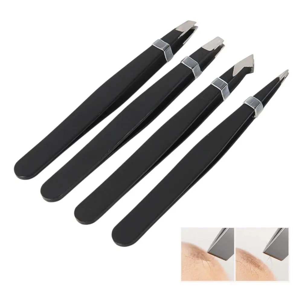 مجموعة ملاقط الحواجب مكونة من 4 قطع من الفولاذ المقاوم للصدأ الملون ذات طرف مائل وأداة تجميل احترافية لإزالة الشعر بدقة