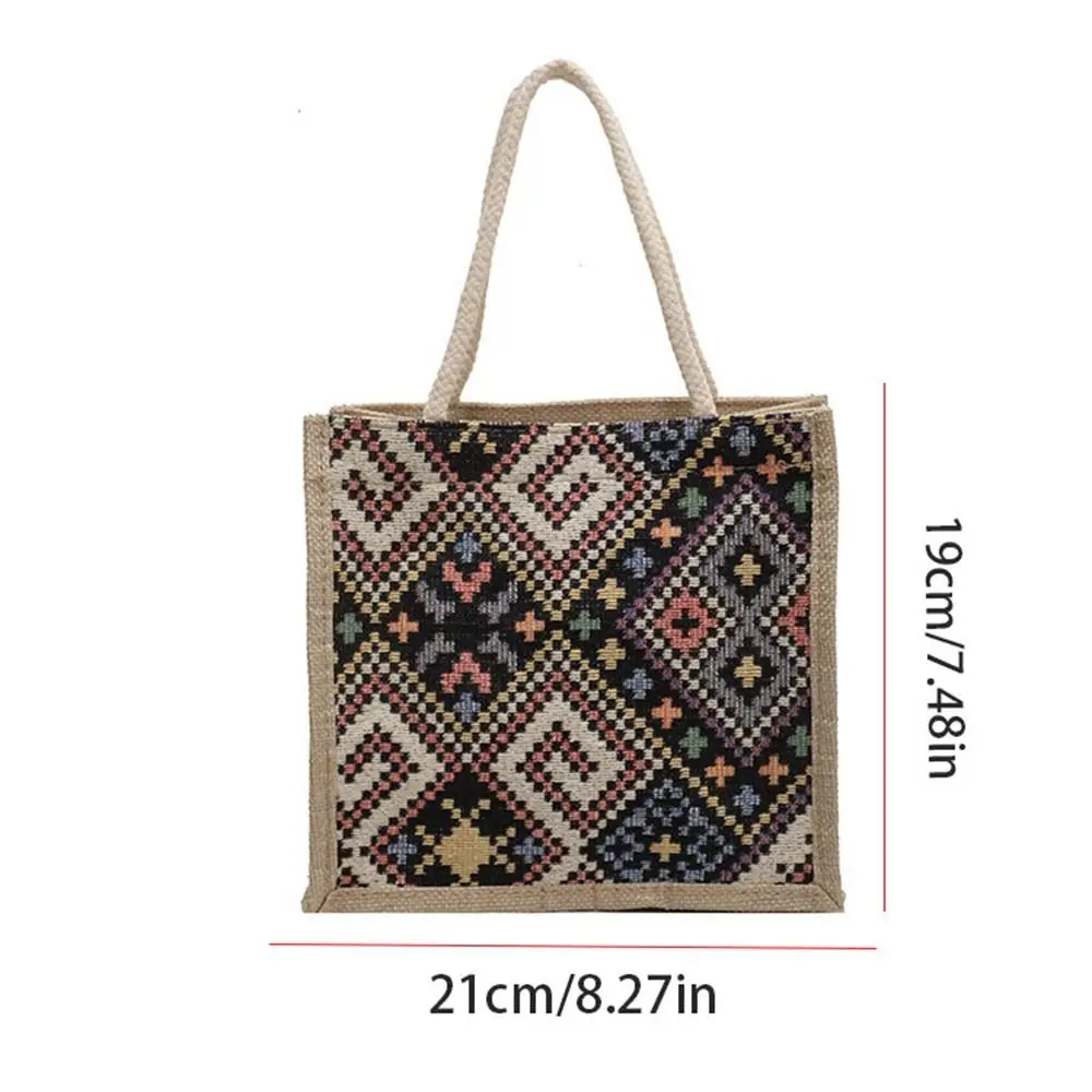 Estilo étnico impresso saco de lona, Bolsa de linho de grande capacidade, Pano portátil lancheira, Bordado Mommy Bag, Piquenique