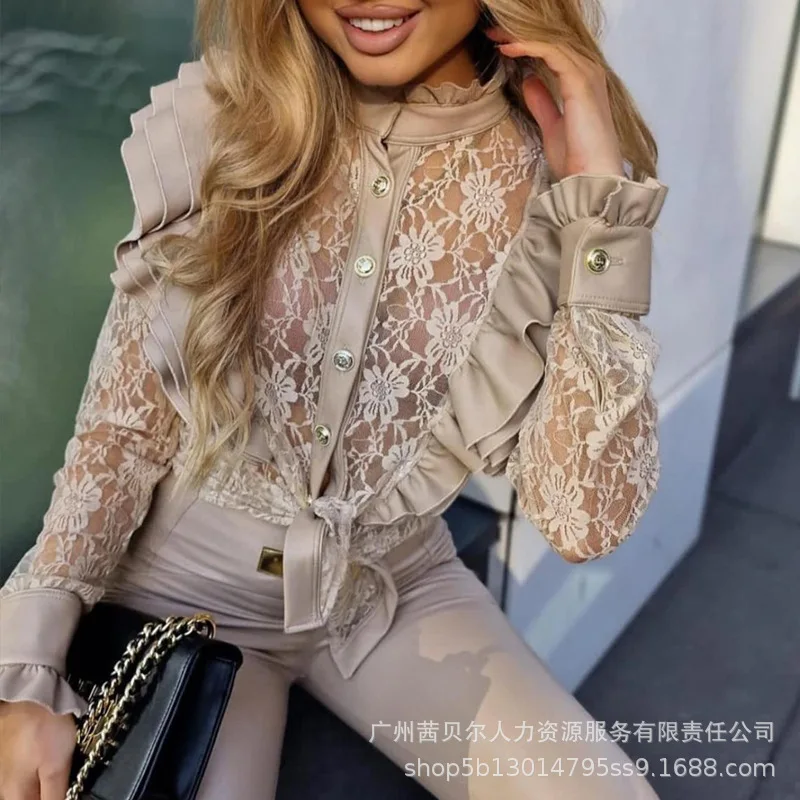 Women Shirt Tops Lace Floral Slim Fit Top Full Sleeve Elegant Splice Blouses Single Breasted Stand Collar Shirts Sexy Solid