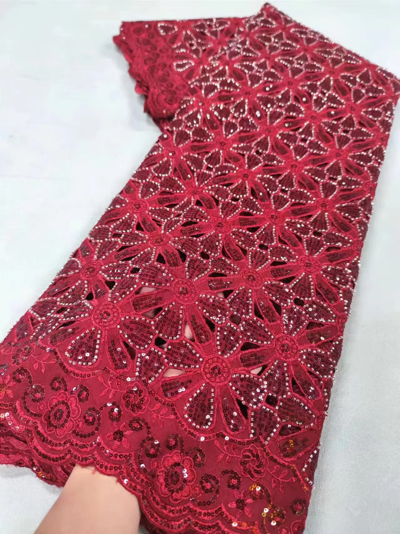 

2024 Lastest High Quality African Nigerian Rose Red Tull Damask Lace Fabric Embroidery Party Dress with Sequins Cotton XL026