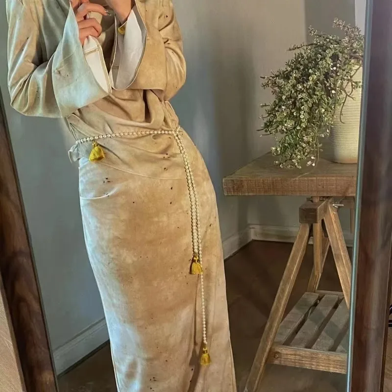 حزام نسائي أنيق على الطراز الصيني مع شرابات لؤلؤية، وسلسلة خصر هانفو ذات ملمس جميل وملمس راقي